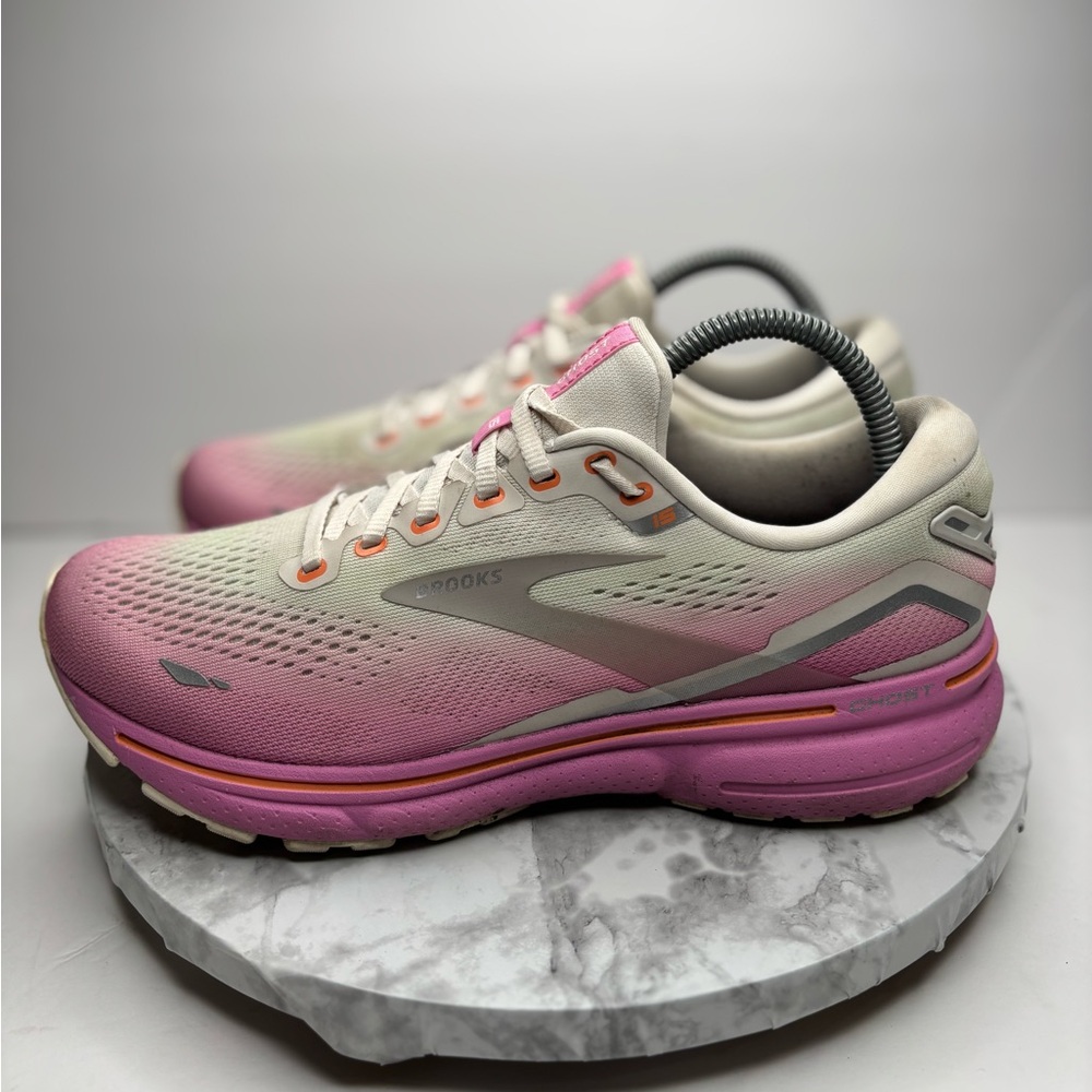 Size 9- Brooks Women's Ghost 15 running shoe in a pink and white